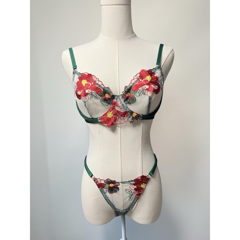 Sheer Embroidered Floral Lingerie Set – Green & Red (2-Piece)  Size Small